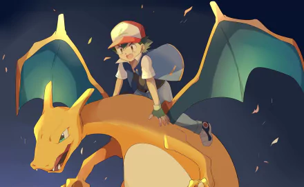 HD anime wallpaper featuring Ash Ketchum riding Charizard, iconic Pokémon characters in dynamic action against a dark sky background.