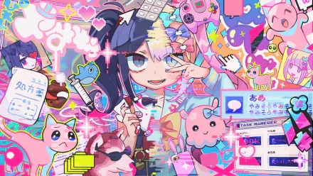 HD PC desktop wallpaper of Ame-chan from NEEDY GIRL OVERDOSE by OMGkawaiiAngel-chan, featuring vibrant, colorful video game-inspired art with cute and glitchy elements.