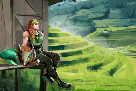 HD PC desktop wallpaper featuring Skye from Valorant sitting peacefully by a doorway with lush green terraced fields in the background, capturing a serene moment from the video game.