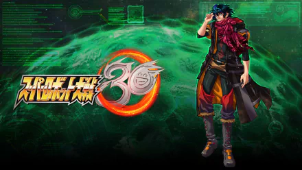 HD Super Robot Wars 30 desktop wallpaper featuring game character and logo on a green digital background.