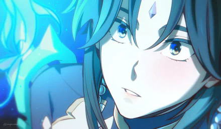 HD PC desktop wallpaper featuring Xiao from the video game Genshin Impact, showcasing a close-up of his detailed face and glowing blue elements.