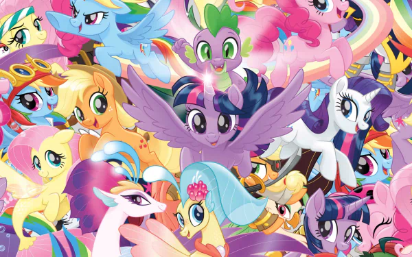 Angel Bunny Captain Celaeno Queen Novo Princess Skystar Rainbow Dash Pinkie Pie Fluttershy (My Little Pony) Applejack (My Little Pony) Rarity (My Little Pony) Spike (My Little Pony) Twilight Sparkle movie My Little Pony: The Movie HD Desktop Wallpaper | Background Image
