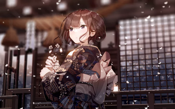 4K Ultra HD PC wallpaper of an anime girl in a patterned kimono on a wooden veranda, holding flowers as soft snow falls, bathed in warm lantern light with shoji screens in the background.