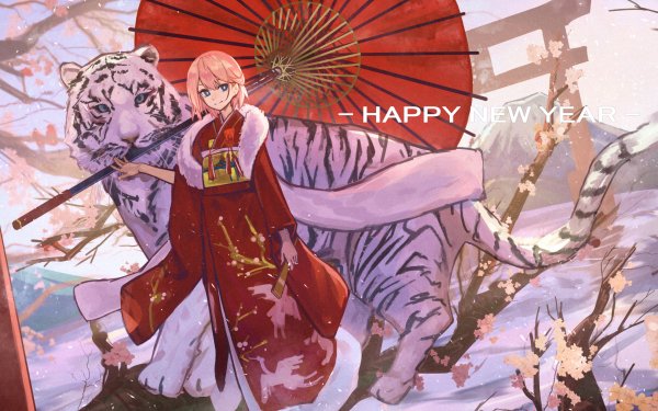 Anime Girl Happy New Year Kimono Tiger HD Wallpaper | Background Image