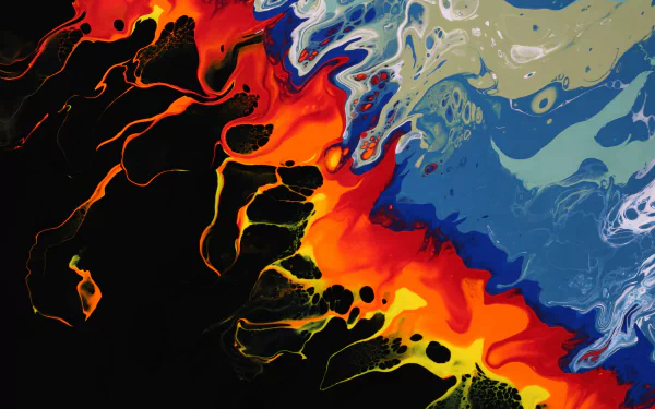 Abstract paint swirls in 5K Ultra HD PC desktop wallpaper and background: molten black and fiery red-orange flowing into cobalt and teal blue marbling.