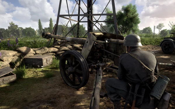 HD desktop wallpaper of Hell Let Loose featuring a soldier beside an artillery cannon against a WW2 battlefield backdrop.