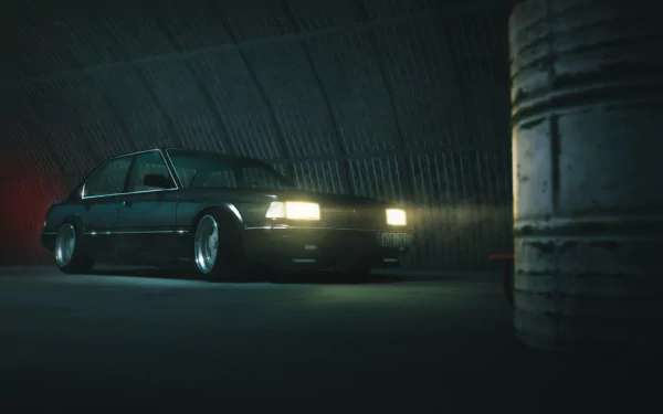 HD desktop wallpaper of a BeamNG.drive game car speeding through a tunnel with dynamic lighting.