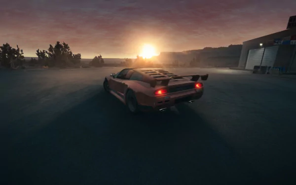 A sleek sports car drives into a stunning sunset in BeamNG.drive, creating a captivating HD desktop wallpaper that showcases the game's realistic graphics and immersive environment.