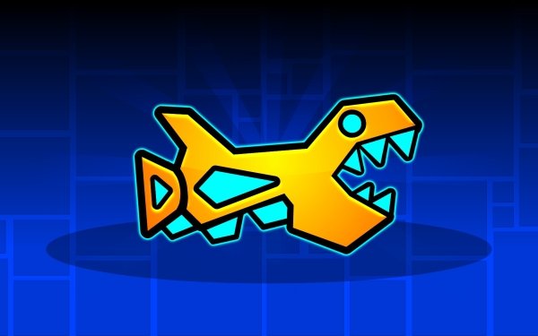HD wallpaper of a geometric dinosaur icon from Geometry Dash game on a blue abstract background.