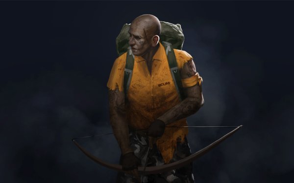 HD desktop wallpaper featuring a character from SCUM game, dressed in orange, holding a bow, set against a dark background.