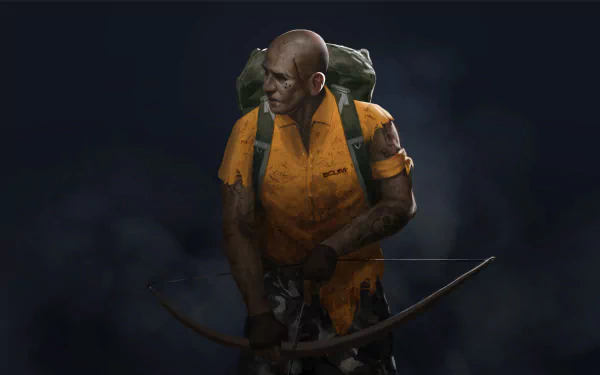 HD desktop wallpaper featuring a character from SCUM game, dressed in orange, holding a bow, set against a dark background.