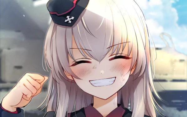 Erika Itsumi (Girls und Panzer) smiling anime portrait, fist raised before tanks and sky — vibrant 2K Quad HD PC desktop wallpaper background.