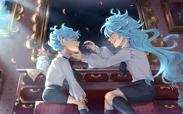 Ortho and Idia Shroud (Twisted Wonderland) share a quiet, intimate moment in a soft-lit room; long blue hair flows — 2K Quad HD PC desktop wallpaper/background, video game art.