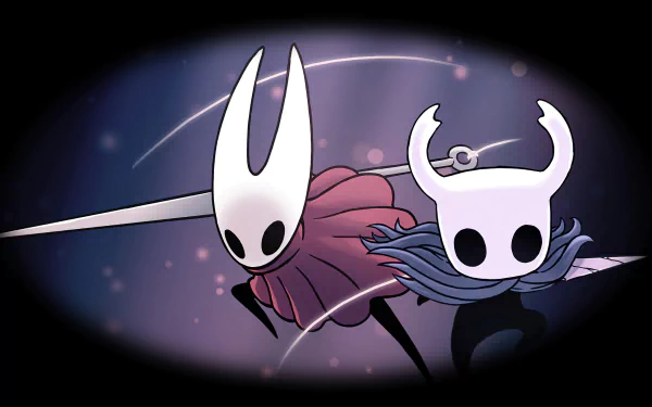4K Ultra HD Hollow Knight wallpaper featuring the game's two main characters in dynamic poses against a dark, glowing background.
