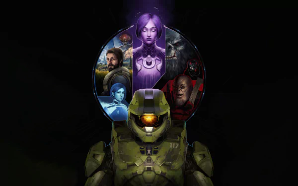 4K Ultra HD PC desktop wallpaper of Halo video game: Master Chief in armor stands before a circular montage of characters and sci‑fi imagery against a dark background.