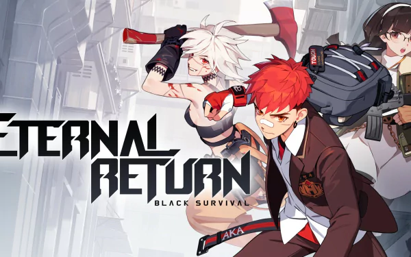 HD desktop wallpaper featuring characters from the Eternal Return: Black Survival game with dynamic poses and the game's logo prominently displayed.