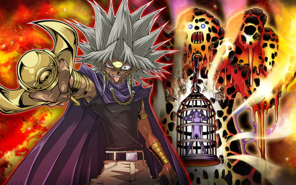 An HD desktop wallpaper featuring Marik Ishtar from Yu-Gi-Oh! Duel Links, showcasing his iconic style against a vibrant, chaotic background.