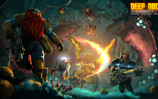 HD Deep Rock Galactic desktop wallpaper featuring armed dwarf characters in action.