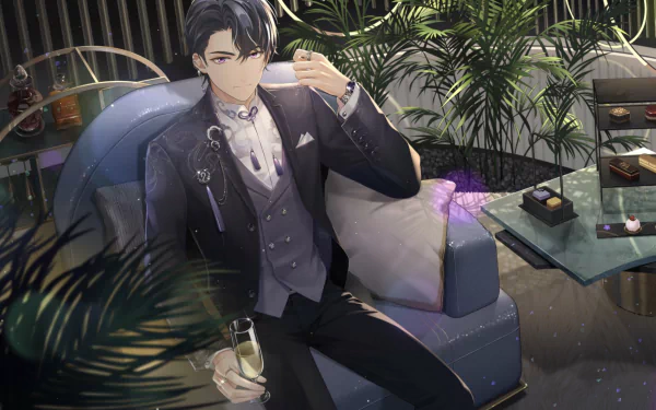 Izumi Kei from the video game Tears of Themis seated on a sofa in a suit, holding a glass, surrounded by plants and soft light — HD PC desktop wallpaper/background.