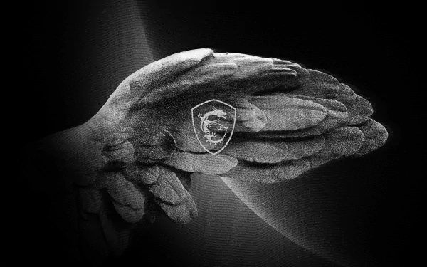 Monochrome 2K Quad HD PC wallpaper of a stone sculpted wing with MSI dragon shield logo, tech-inspired lighting and subtle curved light streaks.