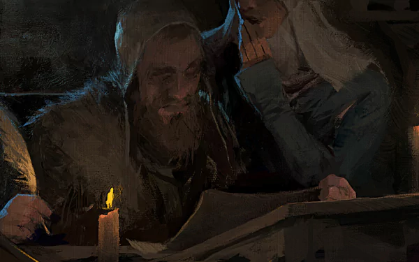HD desktop wallpaper featuring a scene from Crusader Kings III with mysterious characters plotting over a map by candlelight.