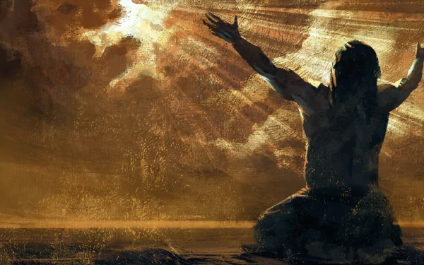 A dramatic scene from Crusader Kings III, featuring a figure kneeling with outstretched arms against a backdrop of golden clouds and rays of light. HD wallpaper for immersive gaming.