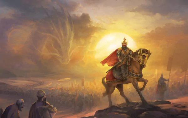 HD Crusader Kings III wallpaper featuring a knight on horseback with a sunset background.