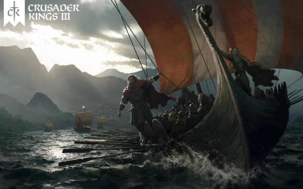 HD wallpaper of Crusader Kings III featuring a dramatic Viking ship at sea with warriors aboard and mountains in the background.