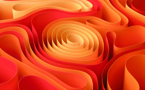 Abstract layered paper-like concentric and wavy shapes in warm red, orange and yellow gradients — 4K Ultra HD PC desktop wallpaper and background.