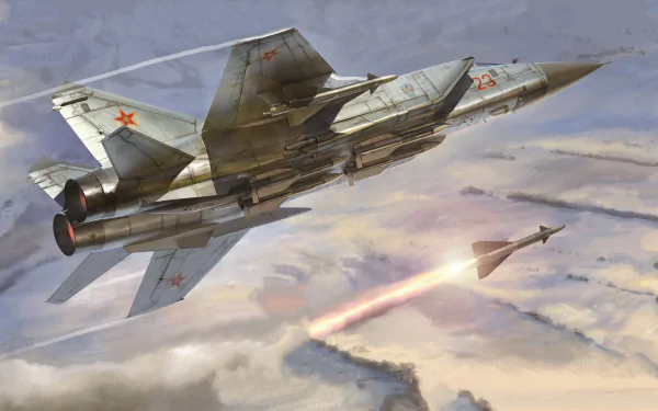 4K Ultra HD PC desktop wallpaper showing a Mikoyan MiG-31 military jet fighter warplane firing a missile above clouds in a dramatic aerial combat scene.