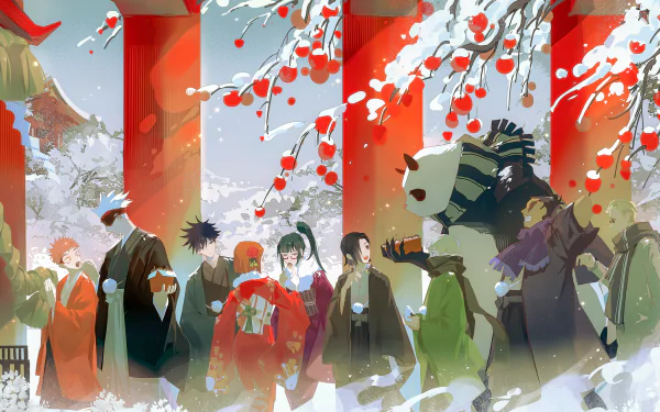 HD desktop wallpaper featuring characters from the anime Jujutsu Kaisen: Junpei Yoshino, Kento Nanami, Aoi Todo, Panda, Maki Zenin, Nobara Kugisaki, Megumi Fushiguro, Satoru Gojo, and Yuji Itadori in a snowy landscape.