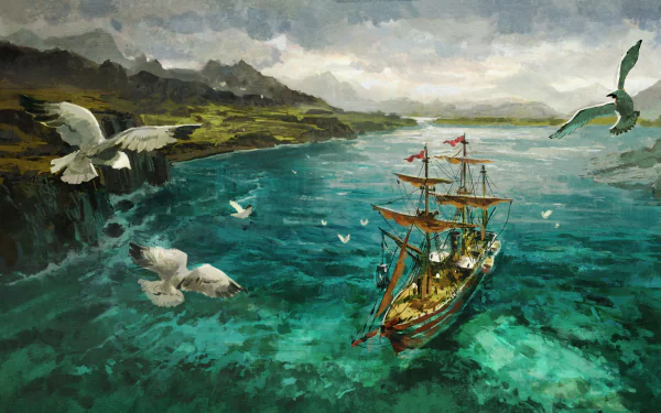 Anno 1800 video game 4K Ultra HD PC wallpaper: painted sailing ship in turquoise coastal waters, seagulls circling, cliffs and distant mountains beneath a cloudy sky.