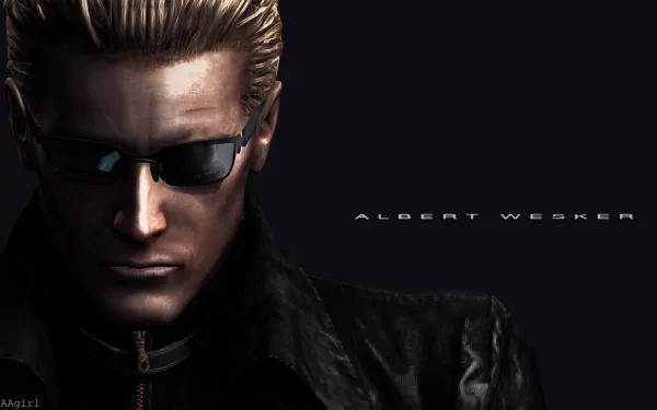 HD PC desktop wallpaper of Albert Wesker from the video game Resident Evil — close-up of his stern face in sunglasses and a leather jacket against a dark background.