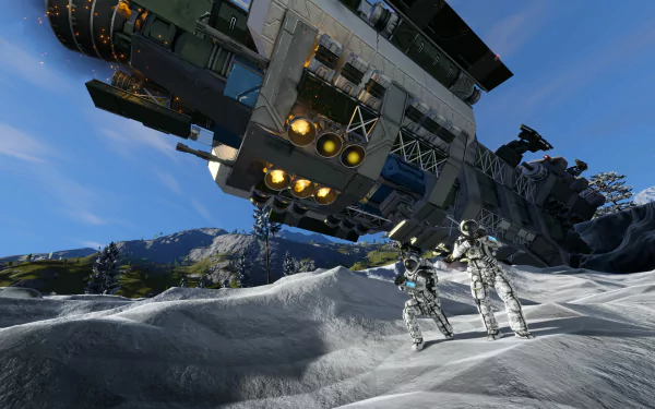 HD wallpaper featuring space engineers next to a spaceship on a snowy alien terrain.