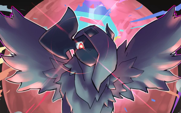 HD PC desktop wallpaper of Absol (Pokémon) in anime style, wings unfurled against a glowing red moon with neon accents — bold Pokémon background art.