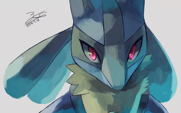 HD anime-style PC desktop wallpaper featuring a close-up of Lucario, the Pokémon, with intense red eyes and detailed shading.