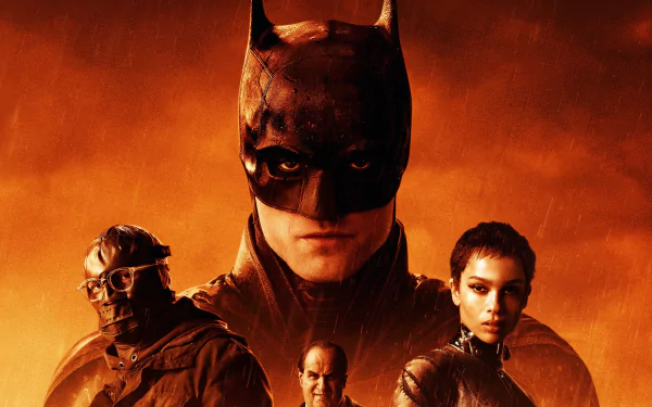 2K Quad HD desktop wallpaper for The Batman (DC Comics movie), featuring Batman front and center with Catwoman and masked figures against a dramatic orange cinematic background.
