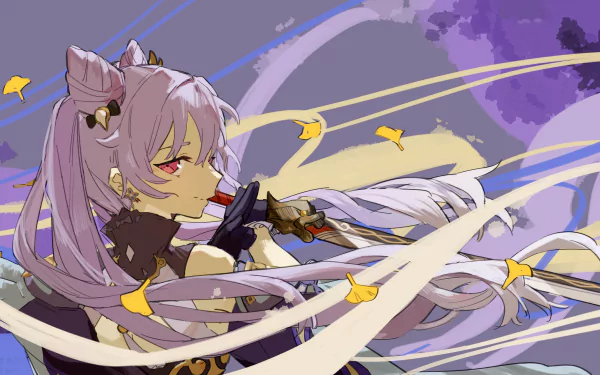 4K Ultra HD PC desktop wallpaper/background of Keqing (Genshin Impact), poised with her sword amid flowing ribbons, golden ginkgo leaves and a moody purple sky.