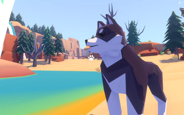 HD desktop wallpaper from Pupperazzi featuring a stylized animated dog in a colorful, tranquil outdoor setting with trees and a lake.