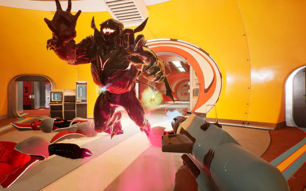 HD desktop wallpaper featuring a scene from The Anacrusis with a player character shooting at an alien creature in a vibrant spaceship corridor.