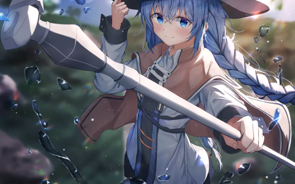 HD anime wallpaper featuring Roxy Migurdia from Mushoku Tensei: Jobless Reincarnation, wielding a staff with water droplets and a focused expression outdoors.