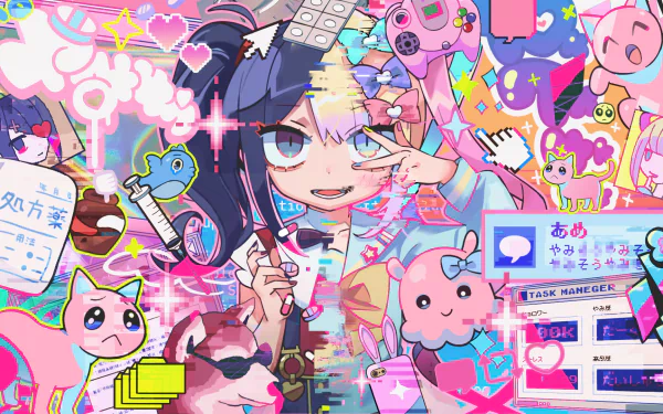 HD PC desktop wallpaper of Ame-chan from NEEDY GIRL OVERDOSE by OMGkawaiiAngel-chan, featuring vibrant, colorful video game-inspired art with cute and glitchy elements.