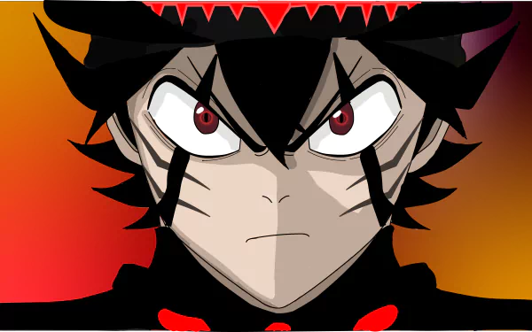 Close-up 8K Ultra HD anime wallpaper of Asta from Black Clover, showcasing his intense gaze and spiky hair against a fiery background.