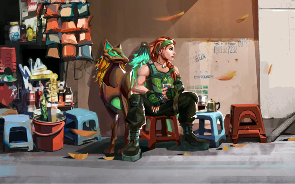 Skye (Valorant) from the video game Valorant sits on a street-side stool with a glowing green bird on her shoulder, surrounded by market crates and graffiti — HD PC desktop wallpaper/background.
