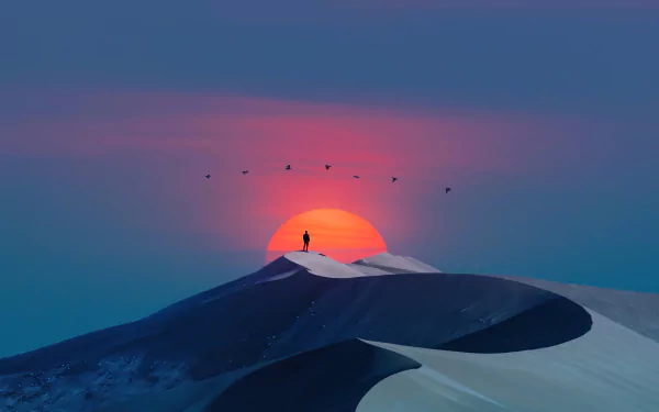 Artistic 4K Ultra HD wallpaper of a lone figure standing on a sand dune in a desert at sunset, with birds flying across the colorful sky.