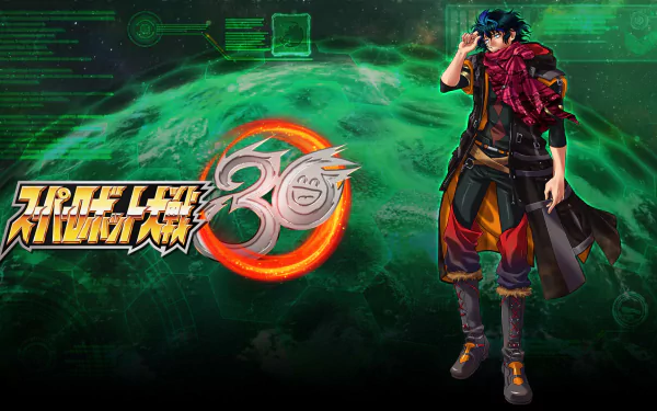 HD Super Robot Wars 30 desktop wallpaper featuring game character and logo on a green digital background.