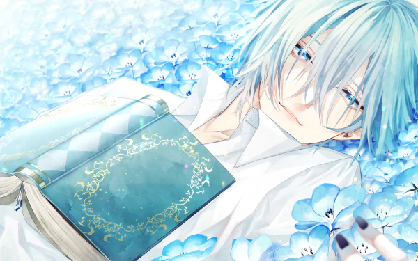 Anime boy with pale blue hair lies among blue flowers, holding an ornate book. 4K Ultra HD anime wallpaper with soft, serene colors and delicate details.