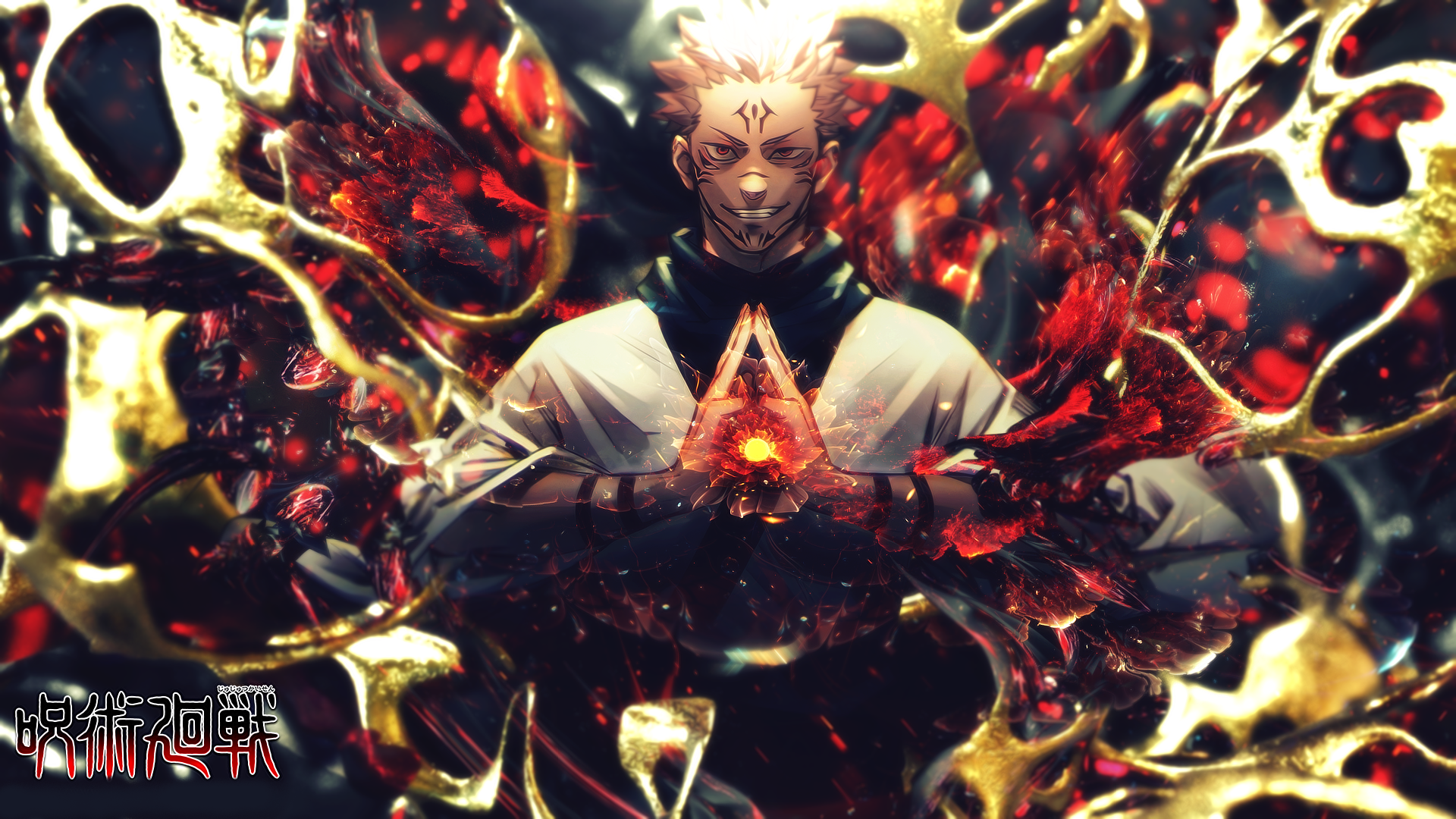 HD PC wallpaper featuring Sukuna from the anime Jujutsu Kaisen, showcasing intense dark and fiery visuals around the character.