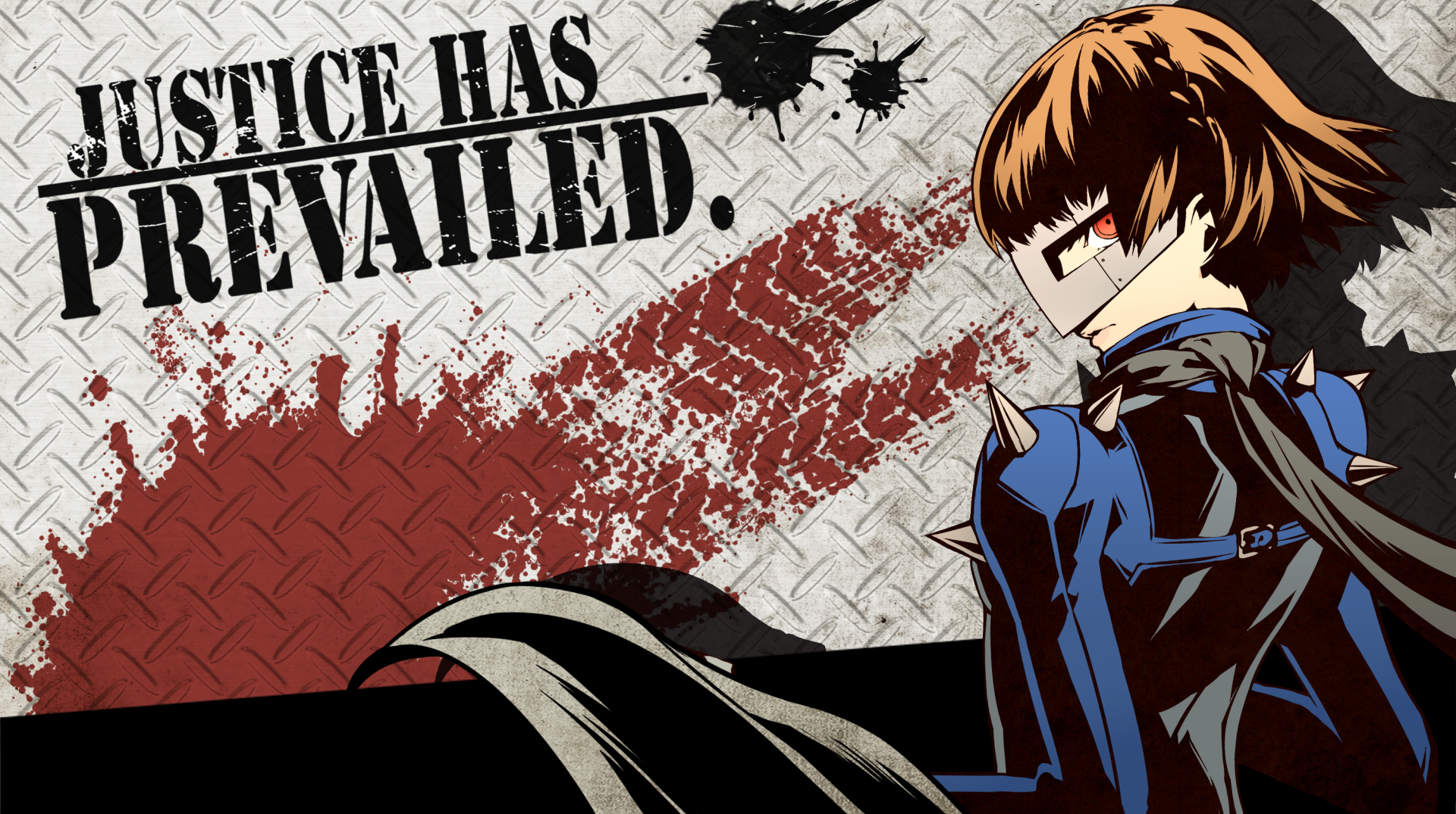 HD desktop wallpaper featuring Makoto Niijima from Persona 5 Royal, with bold text Justice Has Prevailed against a textured, dynamic background.