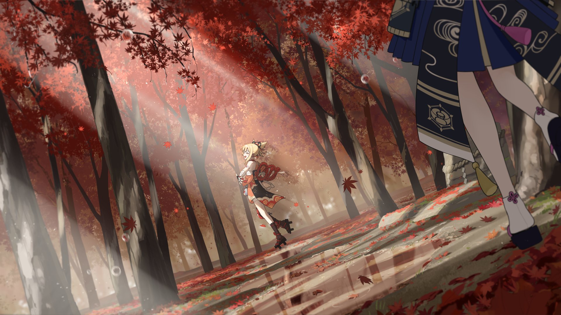 4K Ultra HD Genshin Impact PC wallpaper featuring characters Kamisato Ayaka and Yoimiya in a sunlit autumn forest with red leaves scattered on the ground.